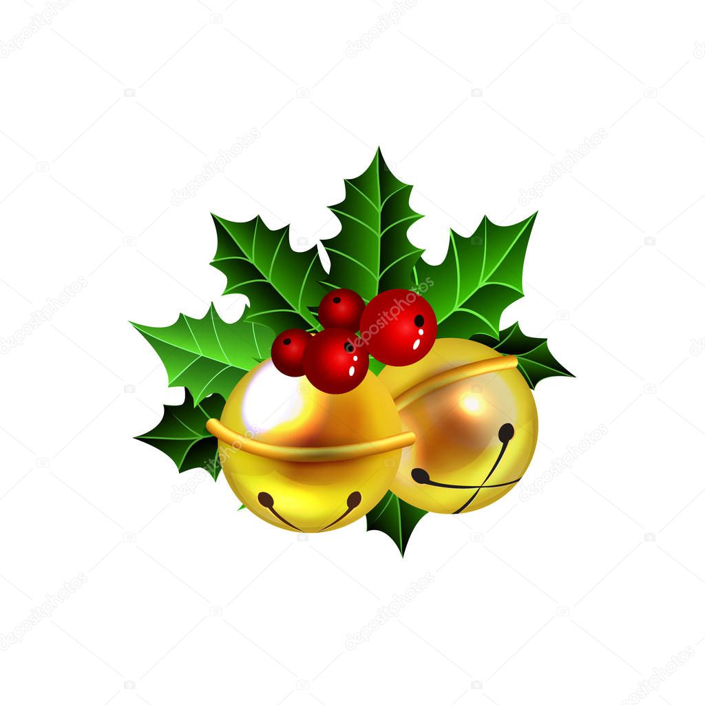 Two golden jingle bells with red ribbon