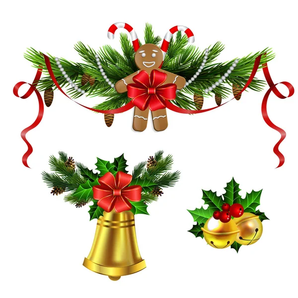 Addobbi natalizi alberi sempreverdi e campana — Vettoriale Stock