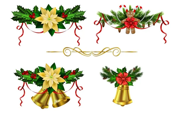 Decoración de Navidad árboles siempreverdes y campana — Vector de stock