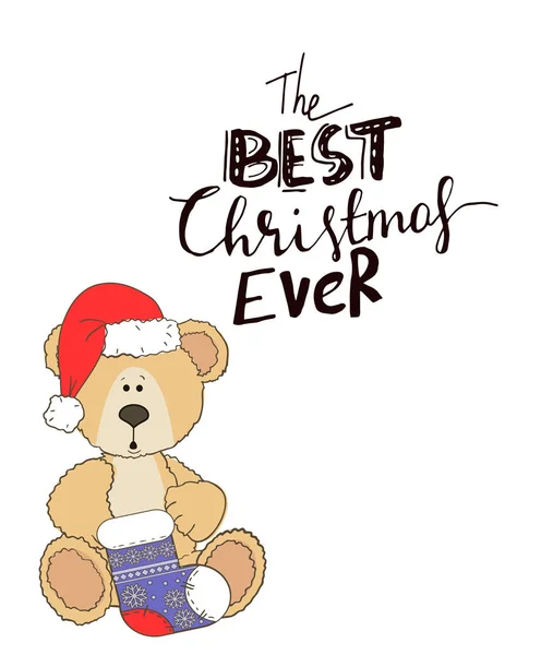 Teddy con sombrero de Navidad y caja de regalo — Vector de stock