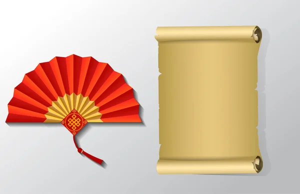 Rode Chinese ventilator vouwen op witte achtergrond. Vectorillustratie — Stockvector