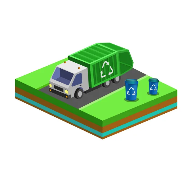 De verwijdering van het vuilnis met isometrische opslaglocaties en City Truck. Vectorillustratie — Stockvector