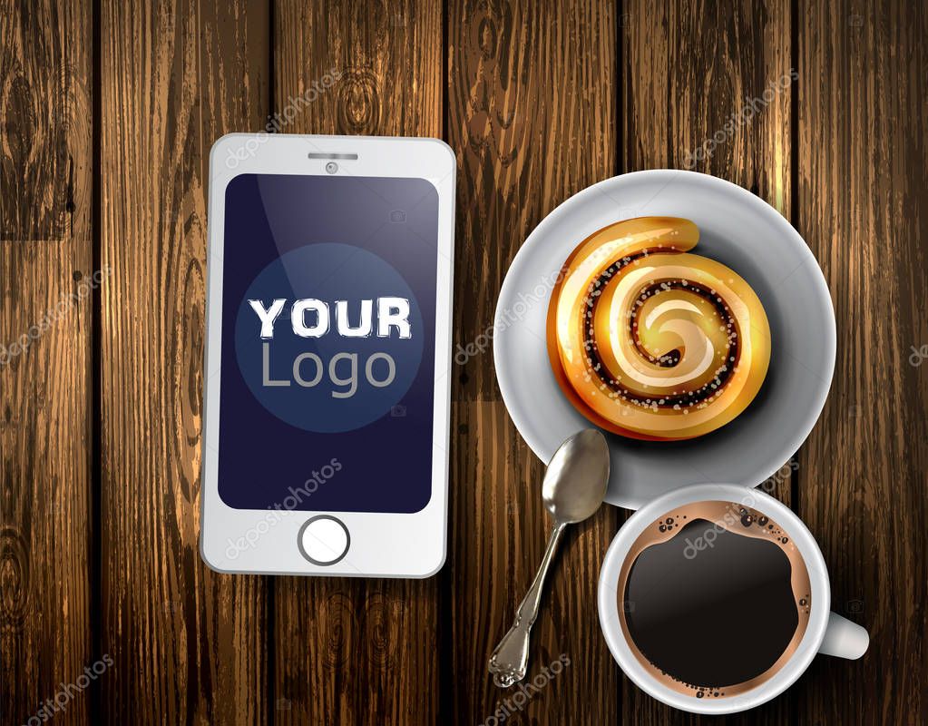 Coffee cup on a wooden table, With cinnamon roll and cell phone vector illustration template design