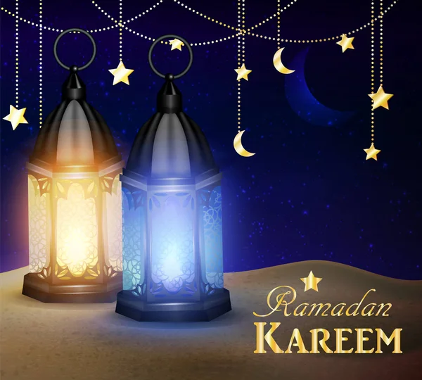 Lanternes se tiennent dans le désert le ciel nocturne — Image vectorielle