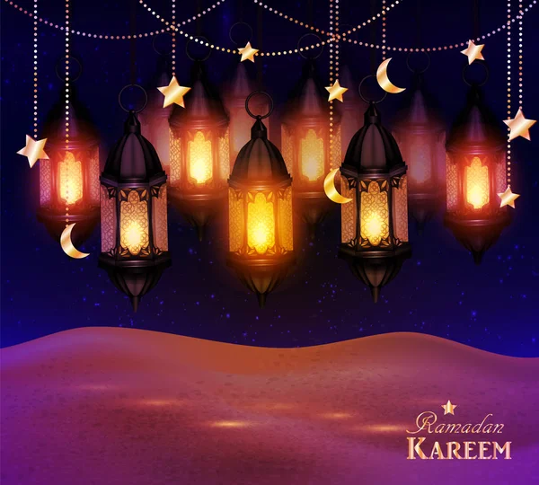Lantaarns in de woestijn bij nachtelijke hemel — Stockvector