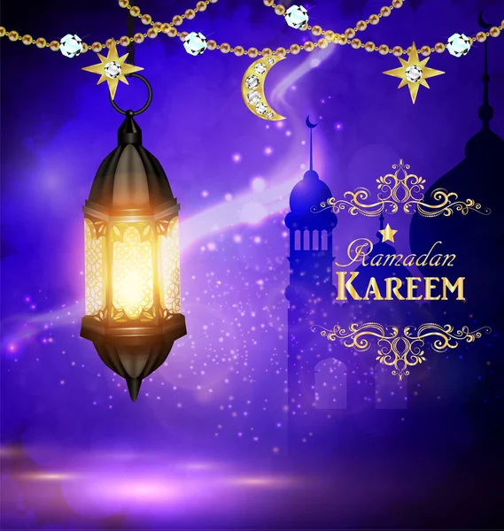 Silueta de mezquita en el cielo del atardecer y luz abstracta para ramadán del Islam — Vector de stock