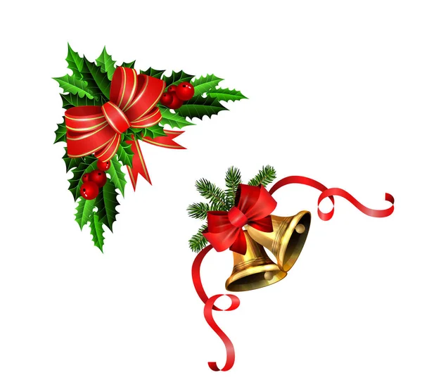Noel süslemeleri köknar ağacının altın çanları ile — Stok Vektör