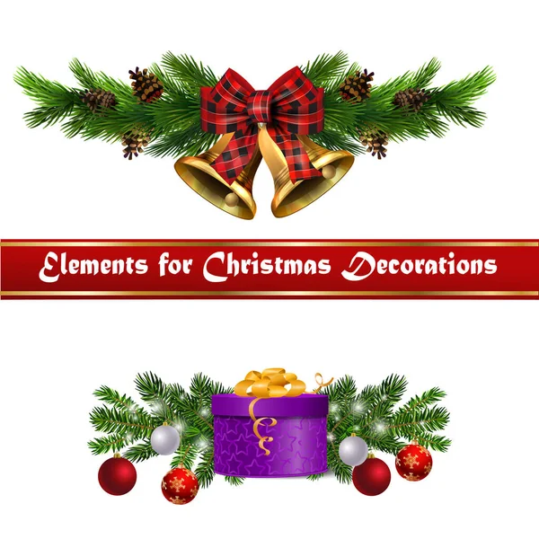 Decoraciones navideñas con campanas de jingle dorado de abeto — Vector de stock