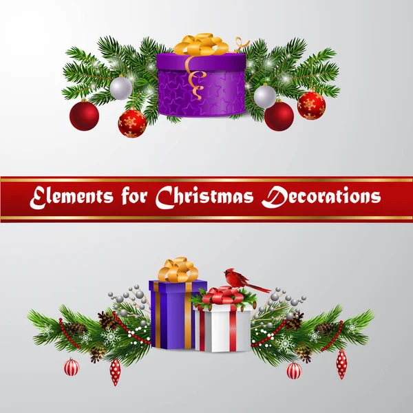 Vánoční dekorace s jedlemi a dekoracemi — Stockový vektor