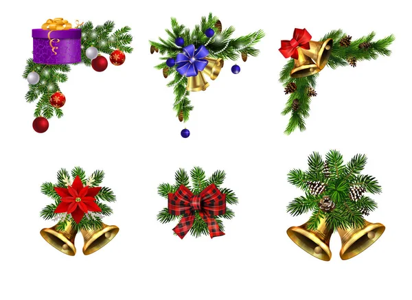 Christmas decorations with fir tree golden jingle bells — Stock Vector