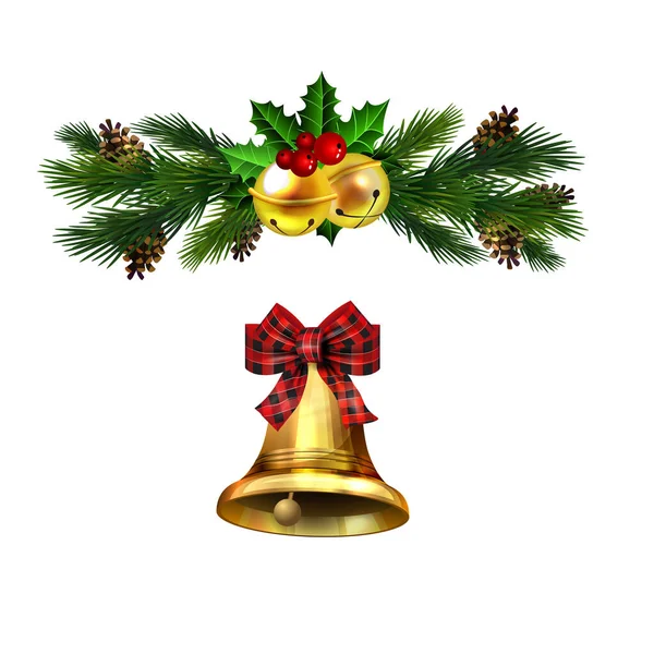 Juldekorationer med gran träd gyllene jingel klockor — Stock vektor