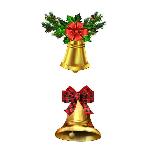 Kerstversiering met dennenboom gouden jingle bells — Stockvector