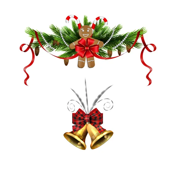 圣诞树上挂着金银铃的圣诞装饰 — 图库矢量图片