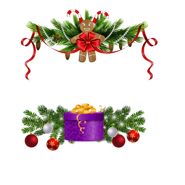 Kerstversiering met dennenboom en decoraties — Stockvector