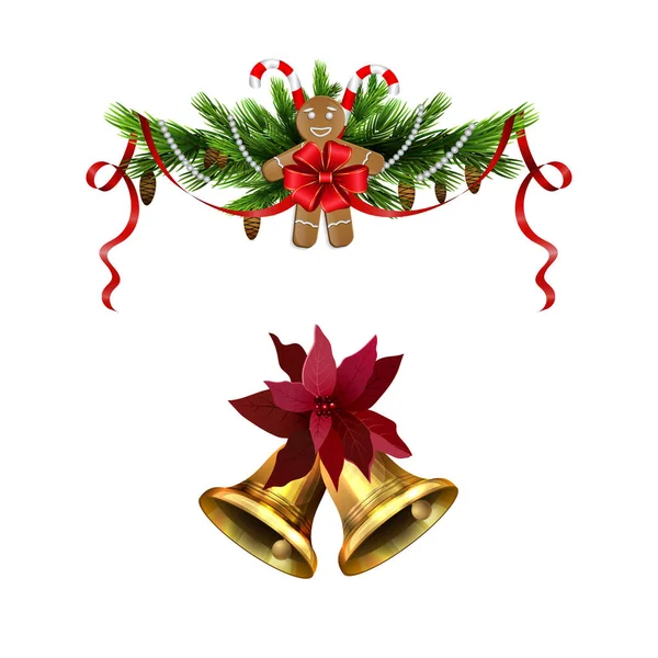 Decoraciones navideñas con campanas de jingle dorado de abeto — Archivo Imágenes Vectoriales