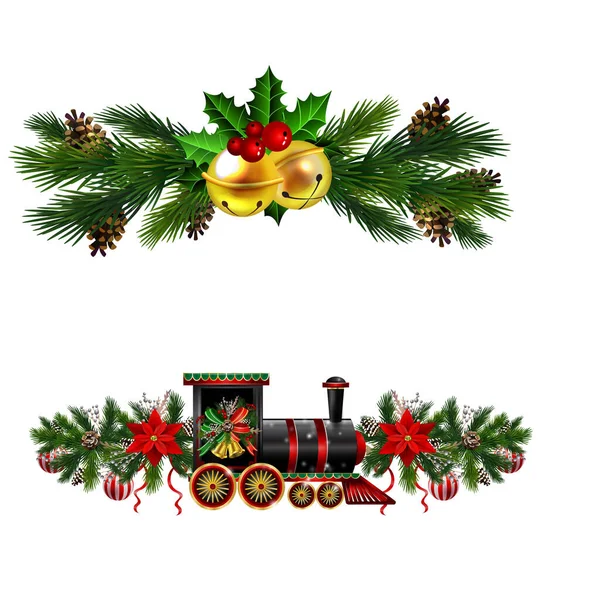 Vánoční ozdoby s jedlemi zlaté rolničky — Stockový vektor