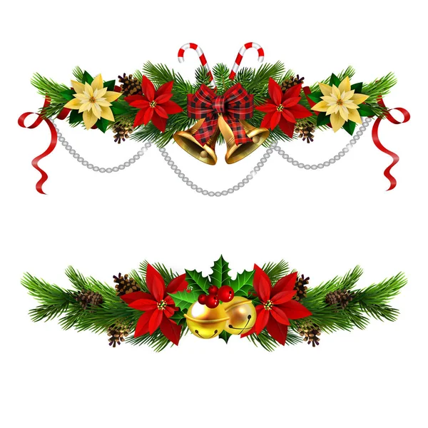 Decoraciones navideñas con campanas de jingle dorado de abeto — Vector de stock