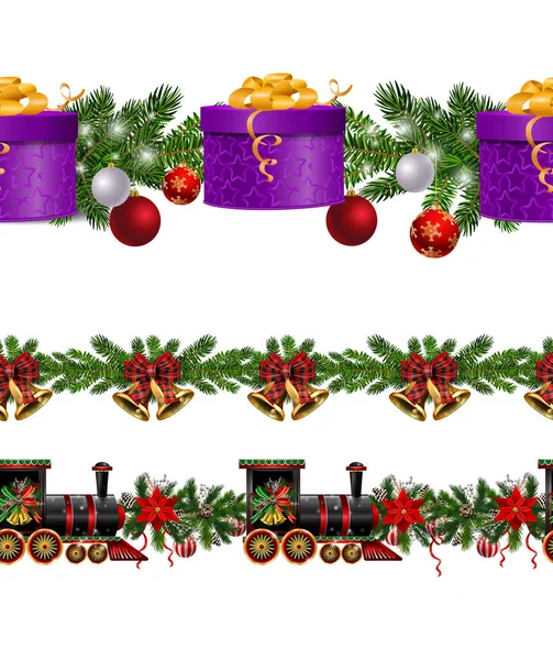 Malý vánoční vlak hladký vzor zdobené červené stuhy vektor — Stockový vektor