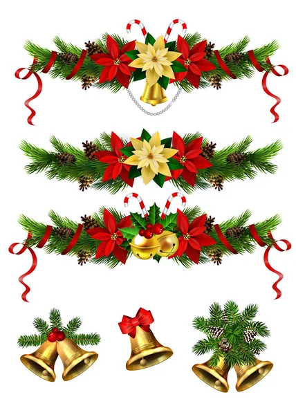 Decorações de Natal com abeto dourado sinos jingle — Vetor de Stock
