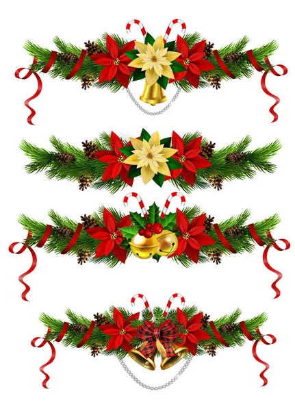 Christmas decorations with fir tree golden jingle bells — Stock Vector