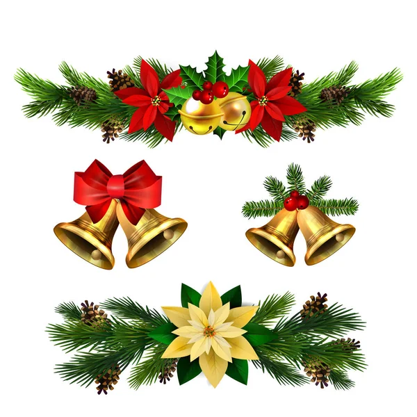 Decoraciones navideñas con campanas de jingle dorado de abeto — Vector de stock