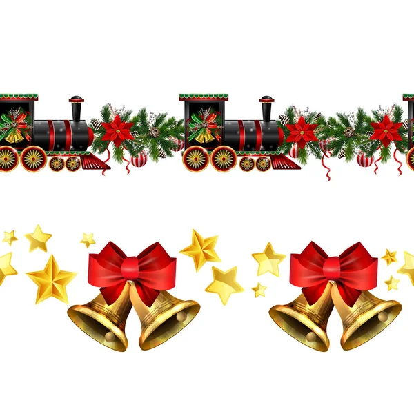 Little Christmas pociąg bezszwowy wzór urządzone czerwona wstążka wektor — Wektor stockowy