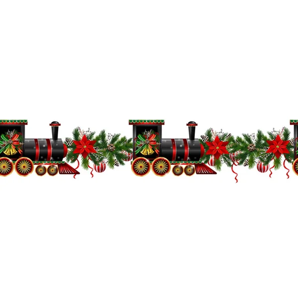 Little Christmas pociąg bezszwowy wzór urządzone czerwona wstążka wektor — Wektor stockowy