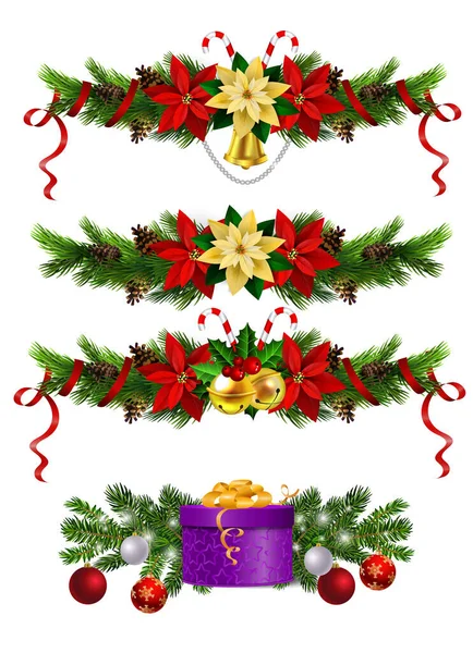 Karácsonyi dekorációk fenyőfával arany csengettyű harangok — Stock Vector