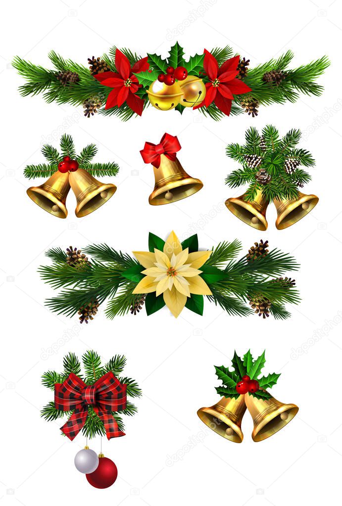 Christmas decorations with fir tree golden jingle bells