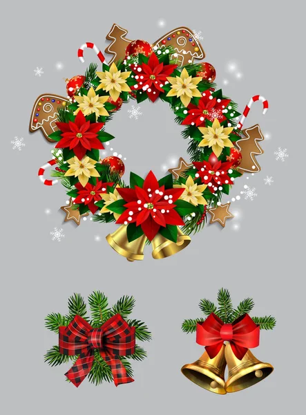 Decoraciones navideñas con campanas de jingle dorado de abeto — Vector de stock