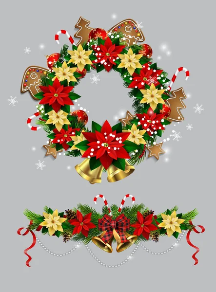 Decoraciones navideñas con campanas de jingle dorado de abeto — Archivo Imágenes Vectoriales