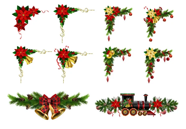 Decoraciones navideñas con campanas de jingle dorado de abeto — Vector de stock