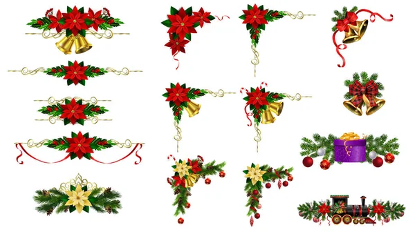 Decoraciones navideñas con campanas de jingle dorado de abeto — Vector de stock