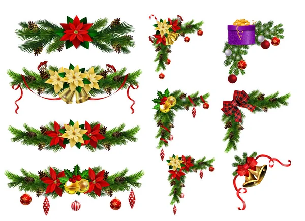 Decoraciones navideñas con campanas de jingle dorado de abeto — Vector de stock