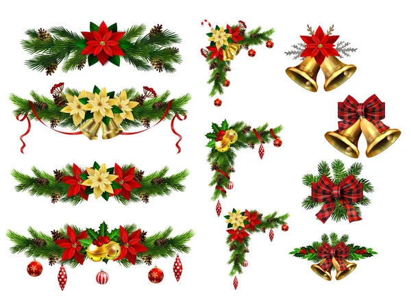 Christmas decorations with fir tree golden jingle bells — Stock Vector