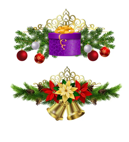 Χριστουγεννιάτικα στολίδια με έλατο χρυσά κουδούνια — Διανυσματικό Αρχείο