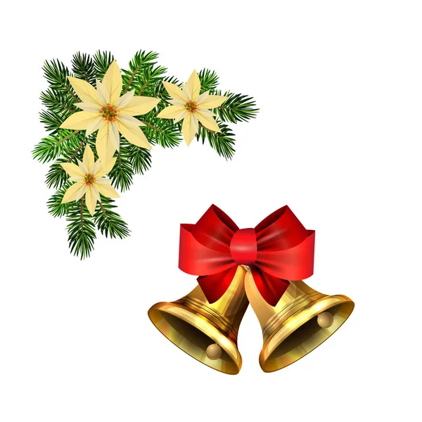 Decoraciones navideñas con campanas de jingle dorado de abeto — Vector de stock