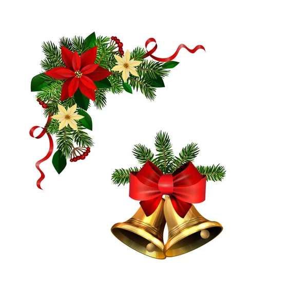 Kerstversiering met dennenboom gouden jingle bells — Stockvector