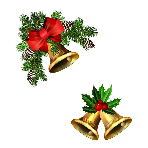 Kerstversiering met dennenboom gouden jingle bells — Stockvector