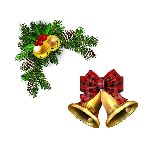 Kerstversiering met dennenboom gouden jingle bells — Stockvector