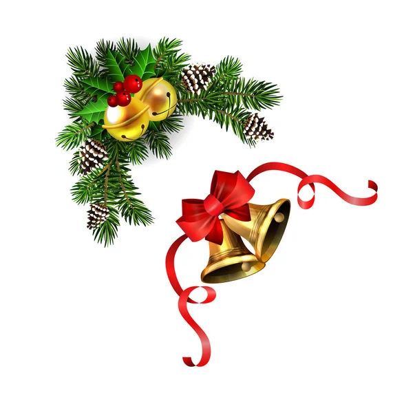 Decoraciones navideñas con campanas de jingle dorado de abeto — Vector de stock