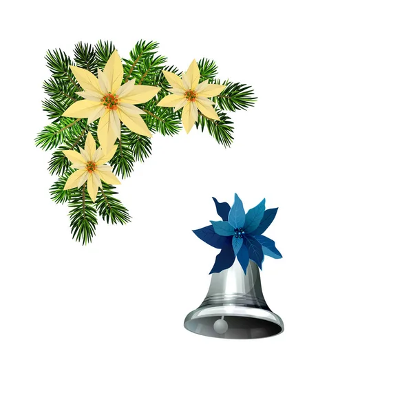 Karácsonyi dekorációk fenyőfával arany csengettyű harangok — Stock Vector