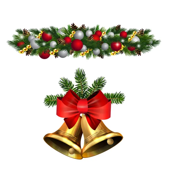 Addobbi natalizi con campanelli d'oro di abete — Vettoriale Stock