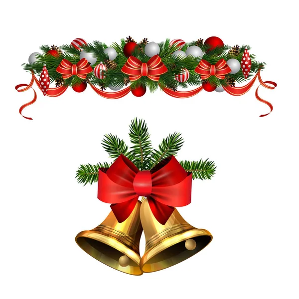 Decoraciones navideñas con campanas de jingle dorado de abeto — Vector de stock