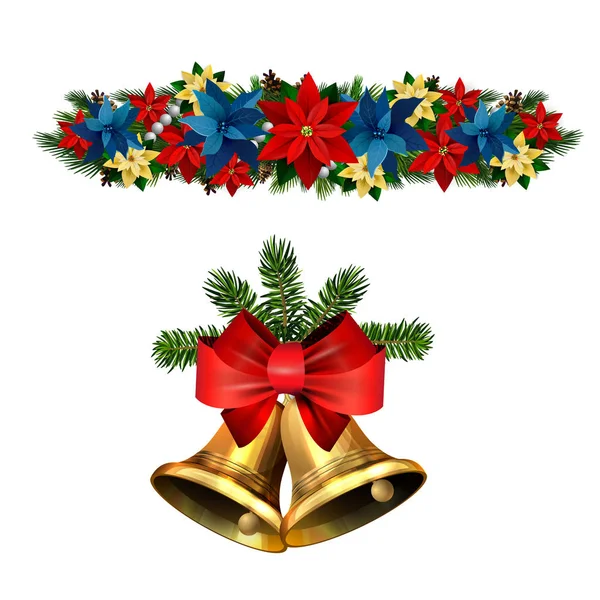 Decoraciones navideñas con campanas de jingle dorado de abeto — Vector de stock