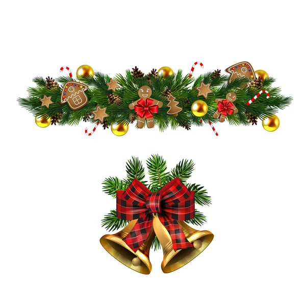 Christmas decorations with fir tree golden jingle bells — Stock Vector