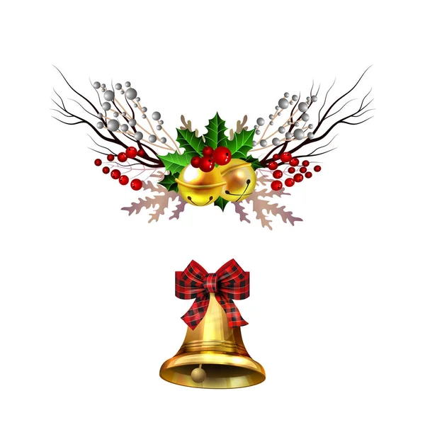 Dekoracje świąteczne z jodły złote dzwonki — Wektor stockowy