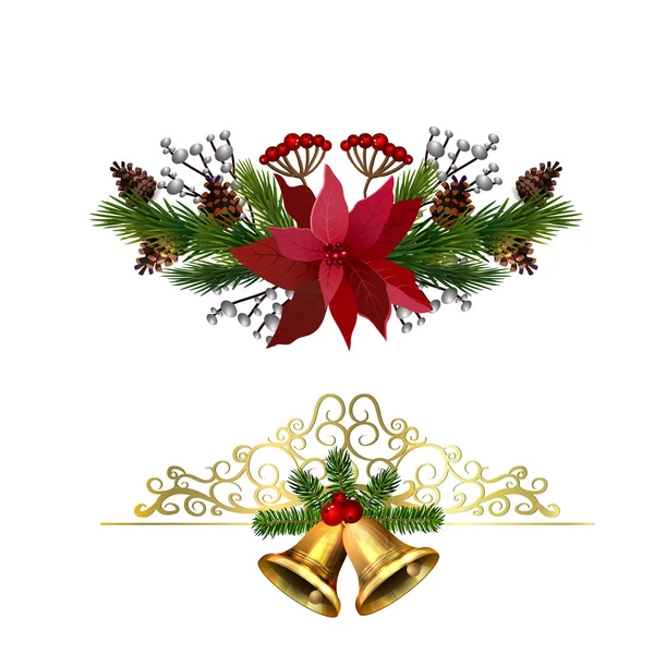 Decoraciones navideñas con campanas de jingle dorado de abeto — Vector de stock