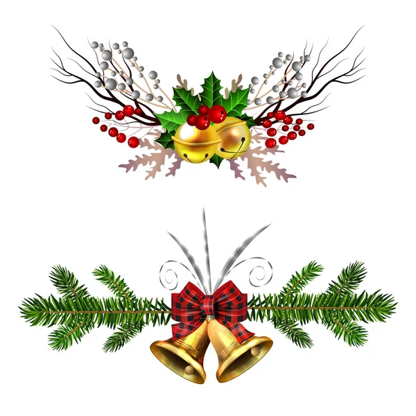 Decorações de Natal com abeto dourado sinos jingle — Vetor de Stock