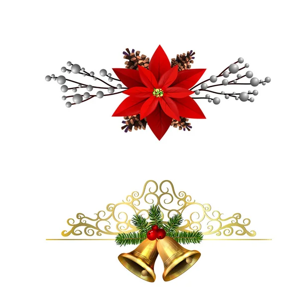 Weihnachtsschmuck mit Tannenbaum goldene Glöckchen — Stockvektor